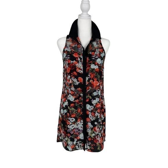 BCBG Shear Floral Sleeveless V-Neck Button Up Blouse Or Micro Mini Size XS - Picture 7 of 16